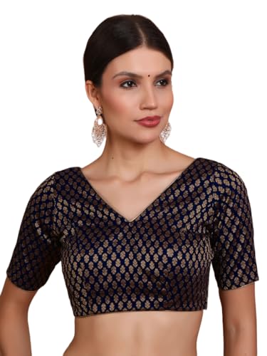 S SALWAR STUDIO Navy Blue Brocade V Neck Readymade Blouse