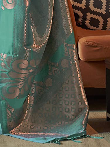 AKHILAM Women's Banarasi Silk Kanjivaram Pattu Woven Design Saree With Unstitched Blouse Piece (Teal blue_KNMNI2001_RJ)