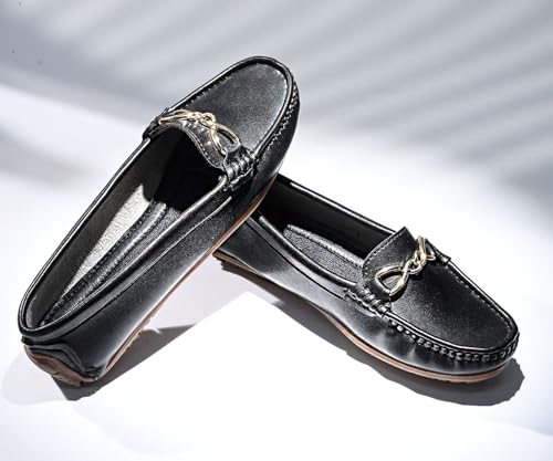 LOUIS STITCH Women's Black Premium Slip-On Loafers with Buckle | Elegant Solid Slip-On Comfort Shoes for Casual and Formal Wear | Slip-On Loafer Shoes for Women | LSLD-BLR-HS02-JB | UK-8
