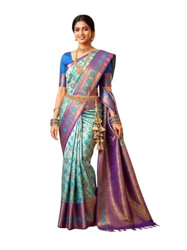 SREE KUMARAN Women's Kanchipuram Kubera Silk Pure Pattu Saree - Flower Border With Blouse (VSK571-1)