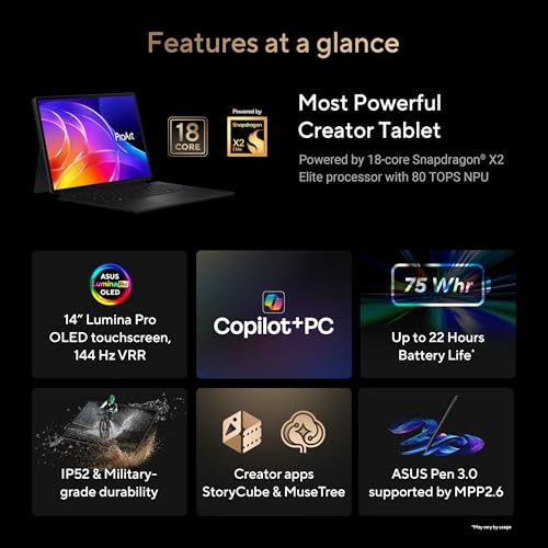 ASUS ProArt PZ14 (2026),Snapdragon® X2 Elite,Qualcomm Adreno iGPU,32GB/1TB,3K OLED,Touchscreen,14"(35.5 cm),144Hz,Win 11,M365 Basic(1Y),Office 24,Black,0.79 Kg,HT7407NA-SN024WS,Creator/Gaming Laptop