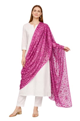 ZEN APPAREL Women's Embroidered Net Dupatta with Lace Borders (Z-101) Premium Net Fabric Golden Aari Work (Dark Pink)