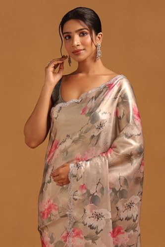 Soch Womens Beige Satin Floral Saree With Swarovski Stone