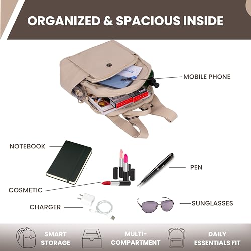 12o12 Women Travel Backpack, Multiple Pockets, Smart Organization, Lightweight Casual Daypack | Fashion Shoulder Sling Handbag Stylish for Travel, Work, Office, Picnic, Shopping College (Beige)