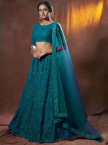 Zeel Clothing Thread Sequins Embroidery Work Soft Net Semi-Stitched Lehenga Choli Set With Dupatta (6017-Teal-Green-Women-Lehenga-Choli-New; Free Size)