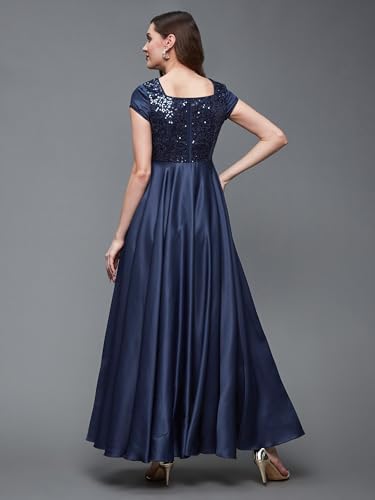 Miss Chase Women's Square Neck Short Sleeve Embellished Polyester Fit & Flare Maxi Dress (MCAW22D99-88-BCF-07, Maqui Blue, 2XL)