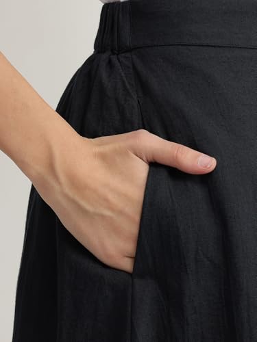 Pink Fort Linen Blend Solid Flared Skirt - Black