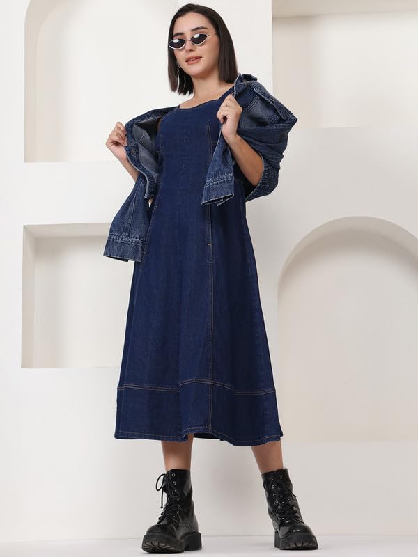 Puella Women’s Dark Blue Sleeveless Flared Denim Midi Dress | Sweetheart Neck | Fit & Flare Style | Stretchable Cotton | Casual Western Dress