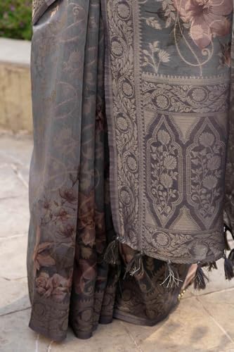 Soch Womens Grey Chanderi Floral Print Saree With Zari Woven