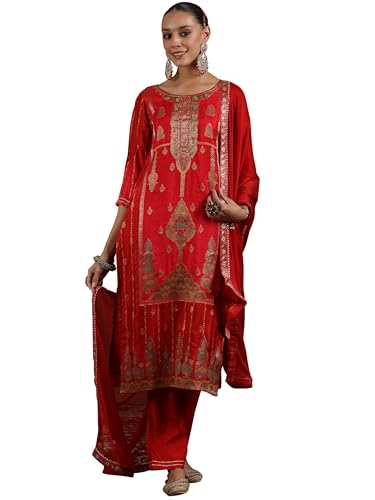 Libas Womens Woven Design Silk Blend Straight Kurta with Trousers and Dupatta
