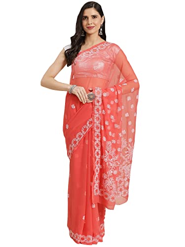 Ada Women Hand Embroidered Lucknowi Chikankari Georgette Saree With Unstitched Blouse Piece A191489,Tomato Red
