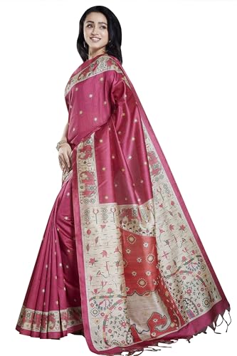 RANI SAAHIBA Women's Printed Art Tussar Silk Madhubani Saree With Blouse Piece (SKR11590_Magenta)