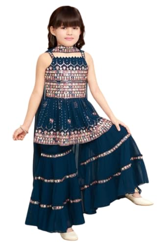 DIGILINE Royal Blue Georgette Embroidered Square Neck Sleeveless Kurti Sharara Set With Dupatta | Traditional Anarkali Style Kurti Sharara Suits Set for Girls (IN, Age, 14 Years, 15 Years, Regular)