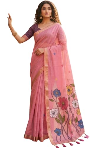 SGF11 Women's Cotton Linen Soft Silk Saree With Unstitched Blouse Piece (Pink)