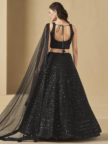 Zeel Clothing Women's Sequins Thread Embroidered Georgette Lehenga Choli With Dupatta (5124-Women-Lehenga-Choli-New; Free size) (Yellow) (Black)