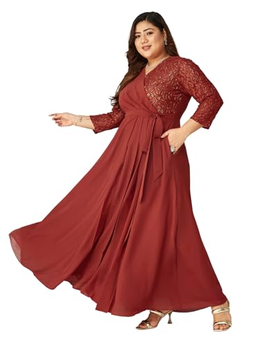 Miss Chase A+ Women's V-Neck 3/4 Sleeve Self-Designed Wrap Styled Maxi Dress (APSS21D14-67-901-08, Dusty Red, 3XL)