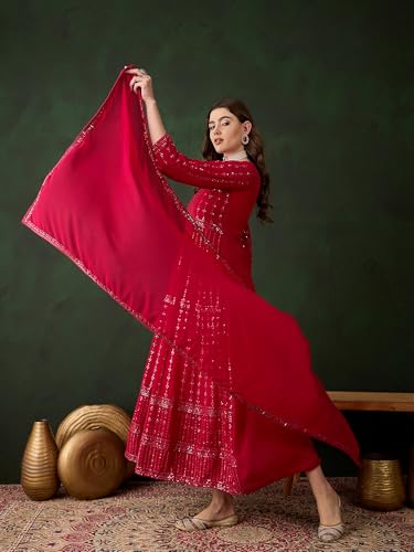Miss Ethnik Women's Pink Faux Georgette Stitched Top with Unstitched Santoon Bottom and Faux Georgette Dupatta Full Sleeve Embroidered Anarkali Gown (MEY-1106-Pink-XL)