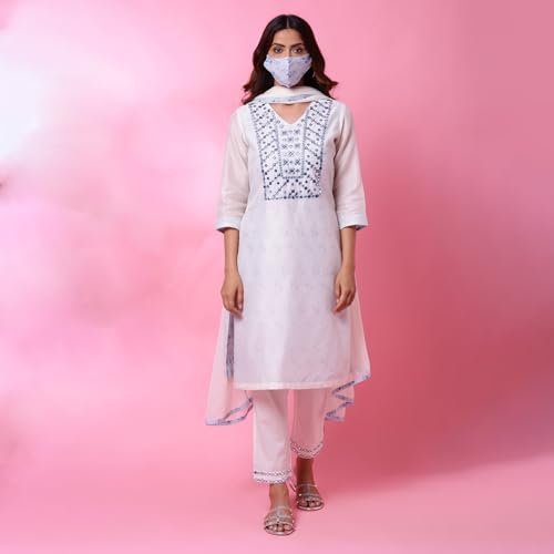 Biba Women Off White Cotton Blend Straight Kurta Pants Suit Set_44
