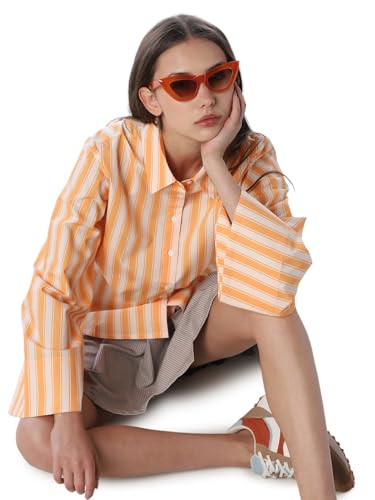 ONLY Women's Vertical Stripes Oversized Orange Shirt