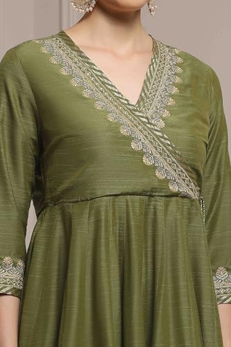 Biba Women Sage Green Polyester Blend Anarkali Embroidered Suit Set_36