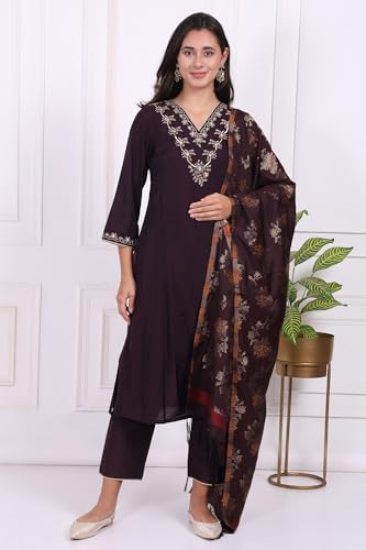 W for Woman Purple Embroidered Straight Kurta, Pants and Dupatta Set - (WS13238-224189-XL)