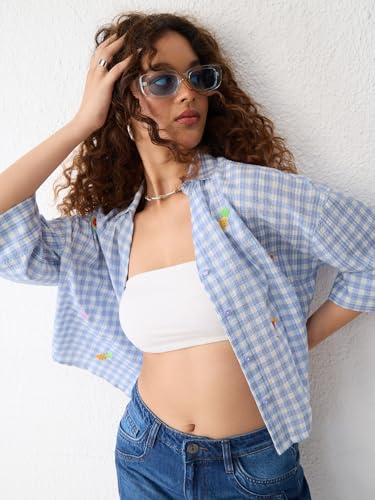 The Souled Store Summer Spritz Women and Girls Elbow Length Sleeves Collared Light Blue Embroidered Cotton Oversized Fit Lightweight Breathable Casual Shirt