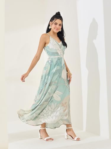 Latin Quarters Women's Green Printed Strappy V-Neck Casual Fit & Flared Dress_XL