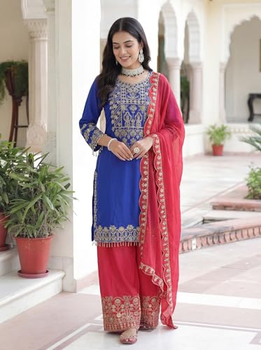 Leeli Peeri Designer Women's Chinon Silk Embroidery Kurta Palazzo and Dupatta Set