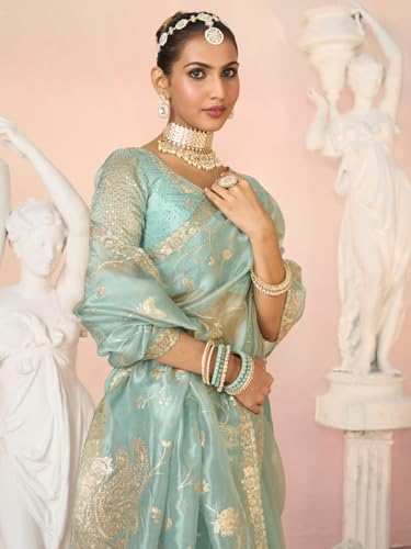 Laxmipati Kesaar Bhog Tissue Organza Floral Embroidered Saree in Pastel Blue Color_N-2953