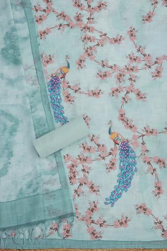 Soch Womens Turquoise Blue Linen Botanical Print Unstitch Dress Material With Sequins