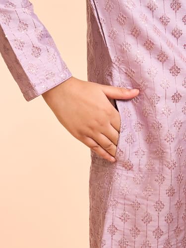 Manyavar Boys Art Silk Thread Embroidery|Sequins Kurta Pyjama Set (Lilac,10-12Y)