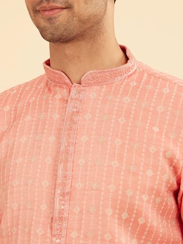 Manyavar Men's Art Silk Sequined Placket Printed Festive Kurta Set (Peach,XXXL)