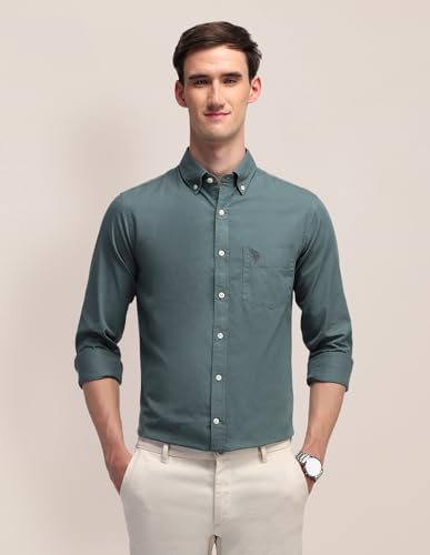 U.S. POLO ASSN. Men's Cotton Solid Tailored Fit Button Down Shirt (USSHTFX0504_Grey, Medium