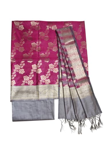 Ivikta Banarasi Silk Unstitched Salwar Suit Set with Dupatta for Women | Rajasthani Silk Dress Material (Dark Pink)