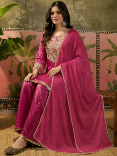 Women's Crepe Embroidered Kurta Set With Dupatta And Palazzo