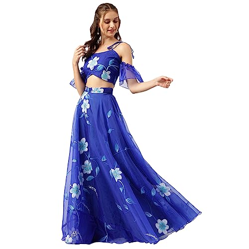 Divena Blue Floral Hand Paited Organza Lehenga choli with Friled Dupatta Set