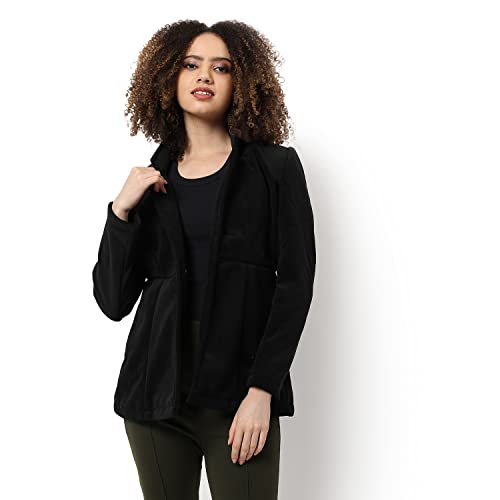 Campus Sutra Women Black Solid Regular Fit Blazer for Winter Wear | Collared Neck | Full Sleeve | Buttoned | Casual Jacket for Woman & Girl | Western Stylish Jacket for Women