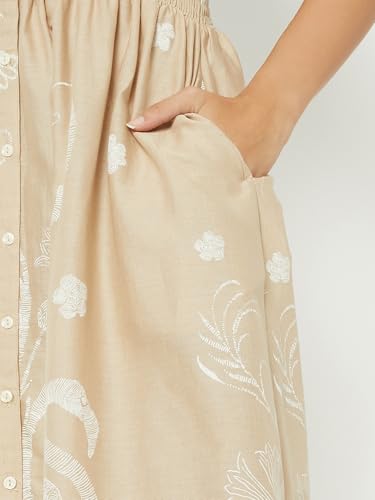 Max Women Printed A-line Shirt Dress (Beige_S)