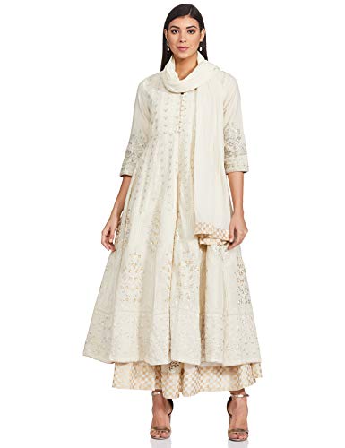 BIBA WOMEN EMBROIDERY FLARED SALWAR KURTA DUPATTA(SKD5876_OFF WHITE_36)