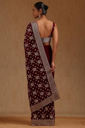 Soch Womens Wine Georgette Embroidered Saree With Stone Work