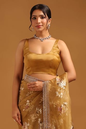 Soch Womens Gold Organza Floral Saree With Stone Work