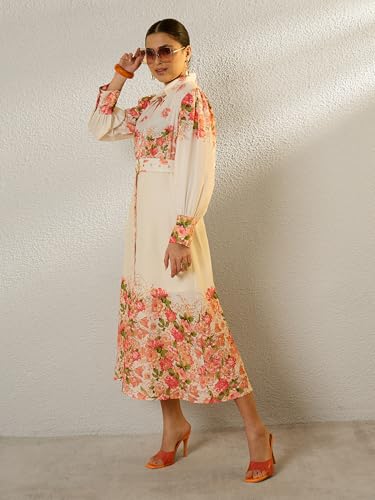 Sassafras Women Off White Floral Midi Belted Shirt Dress-M