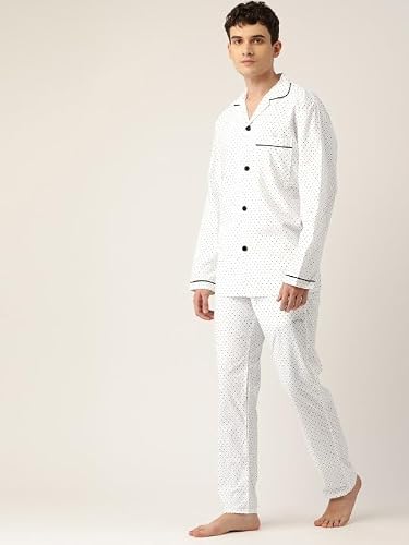 Hancock Men Cotton Printed Pyjama Set White Size S