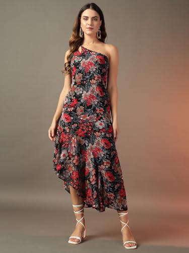 Trend Arrest.ed Women's Polyester Fit and Flare Midi Dress (D5378_Black 1_M)