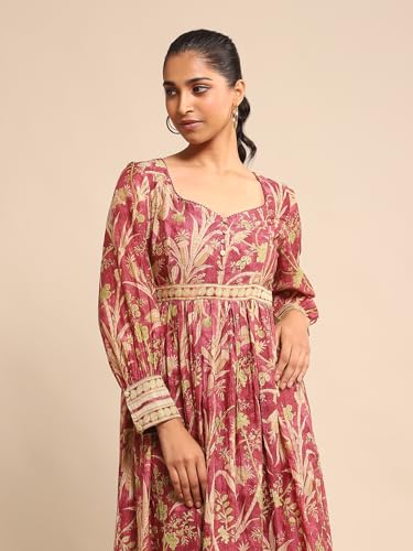 Ritu Kumar Wine Botanical Print Chanderi Dress