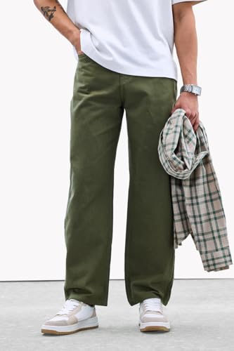 SNITCH Men Jeans | Relaxed Baggy Fit Wide-Leg Design | Durable 100% Cotton Woven Fabric with Light Fading | Perfect for Casual & Street Wear |Olive