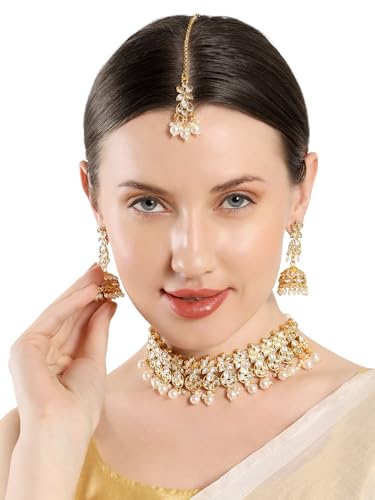 OOMPH Jewellery Kundan Jadau Ethnic Choker Necklace Set - with Jhumka Earrings & Maangtikka For Women & Girls Stylish Latest (DPSET151_Z)- For Women & Girls Stylish Latest