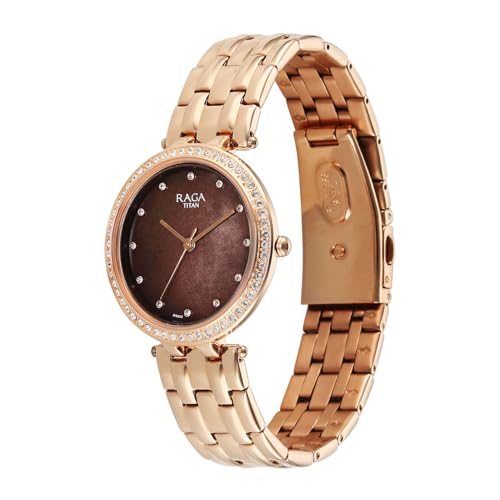 Titan Raga Allure with Brown Mother of Pearl Dial Rose Gold Fake Solid Strap Watch for Women - 2793WM01