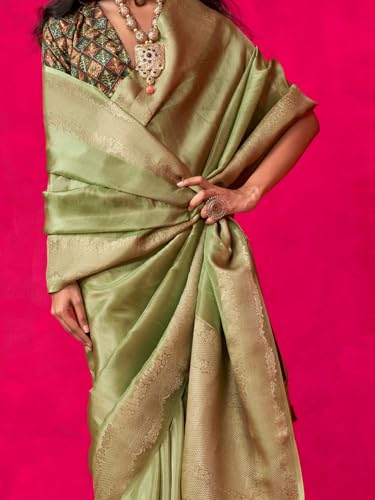 AKHILAM Women's Light Green Tissue Ethnic Motif Woven Design Saree With Unstitched Blouse (KLAILA400006_RJ)