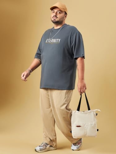 Bewakoof Heavy Duty® 1.0 Men's Graphic Print Oversized Fit Half Sleeve Round Neck Cotton Blend Plus Size T-Shirt_694261_Grey_4XL